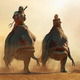 The Mandalorian and Kuiil atop a pair of Blurrgs.